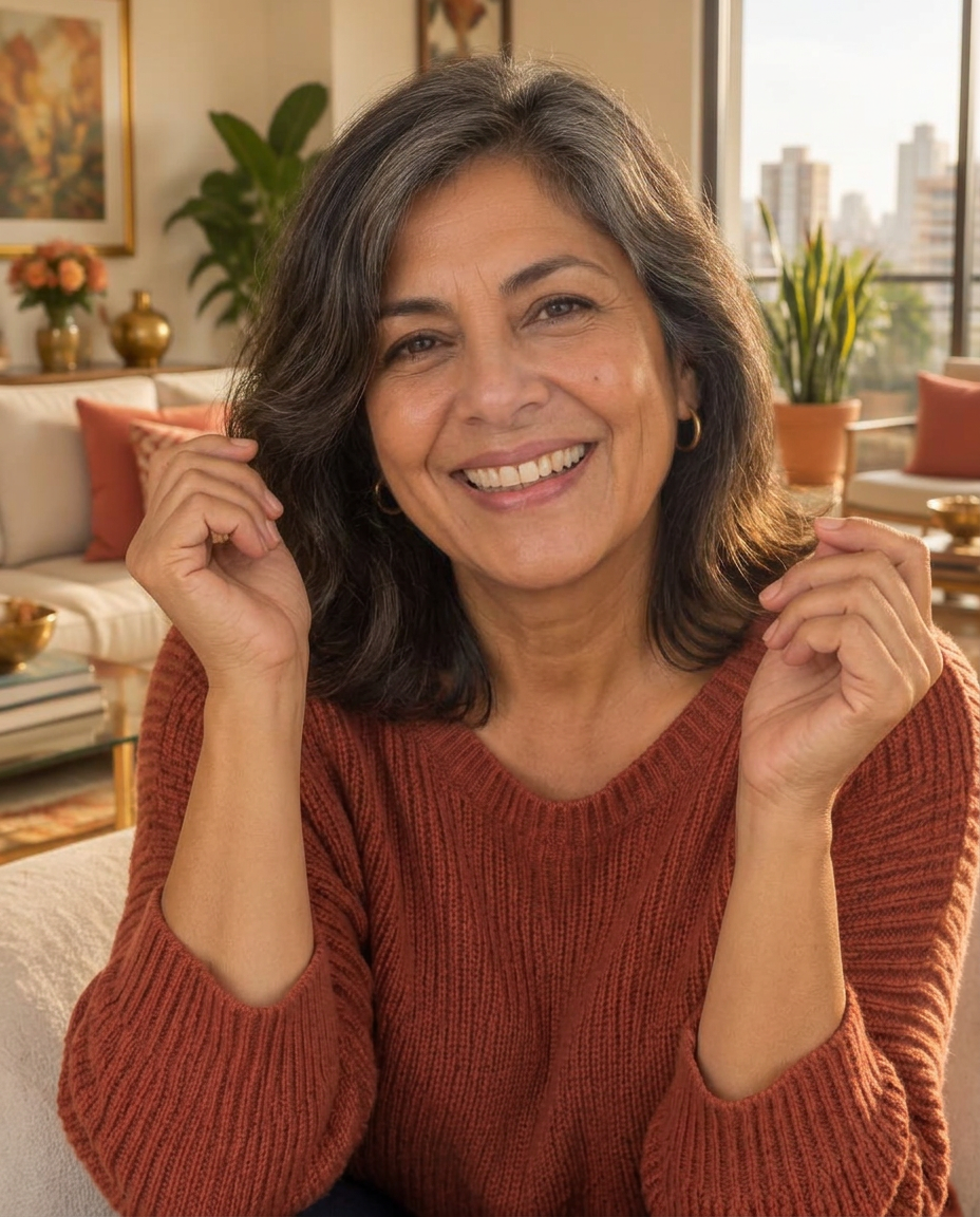 Mujer mayor sonriendo con alegría en su casa