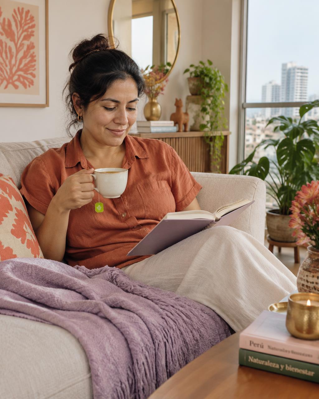 Mujer leyendo tranquila con una infusión en su departamento