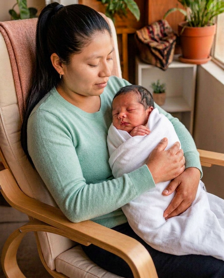 Mamá peruana acuna a su bebé cerca de una ventana con luz natural