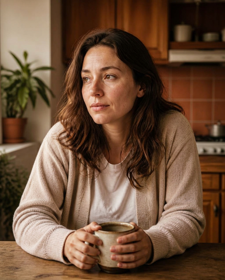 Mujer peruana con una taza de té, tomando un momento para ella misma en su sala